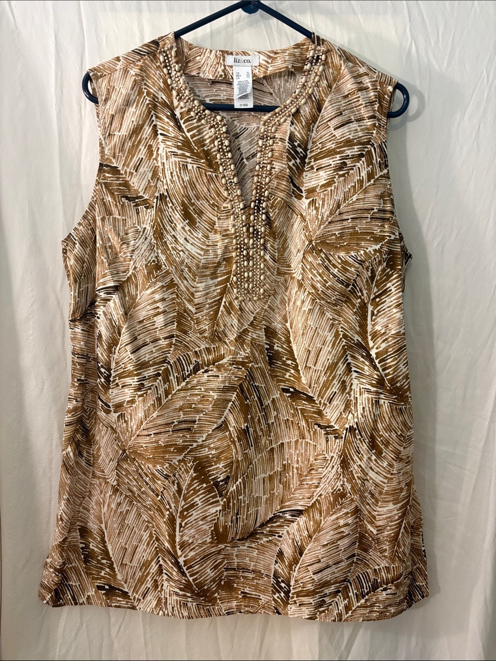 liz & co. Brown and Cream Beaded V-Neck Sleeveless Top